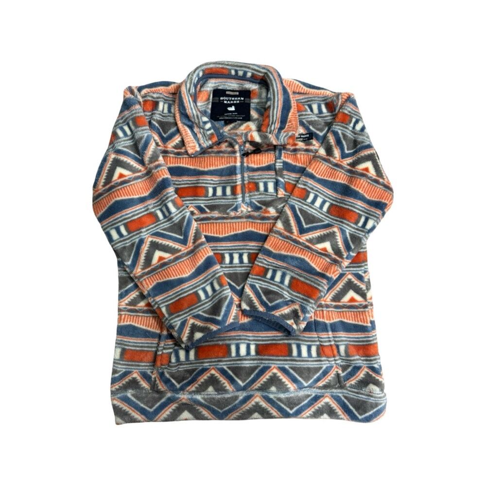 Southern Marsh Youth Medium Geometric Fleece Quarter Zip Pullover Orange Blue